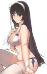  bangs bikini black_hair breasts bridal_gauntlets brown_eyes cleavage closed_mouth empty_eyes expressionless fingerless_gloves flower from_side front-tie_bikini front-tie_top girls_frontline gloves hair_flower hair_ornament hairband hand_on_own_chest large_breasts leg_up long_hair looking_at_viewer navel qbz-95_(girls_frontline) side-tie_bikini simple_background sitting skindentation solo sungwon swimsuit thighhighs very_long_hair white_background white_bikini white_gloves white_legwear 