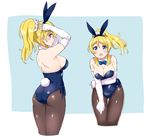 animal_ears ass ayase_eli bare_shoulders black_legwear blonde_hair blue_bow blue_eyes blue_leotard blue_neckwear bow bowtie breasts bunny_ears bunny_tail bunnysuit cleavage commentary cropped_legs detached_collar elbow_gloves fake_animal_ears gloves hair_ornament hair_scrunchie hairband kurokawa_makoto large_breasts leaning_forward leotard long_hair looking_at_viewer love_live! love_live!_school_idol_project multiple_views pantyhose scrunchie shiny shiny_clothes smile standing tail thigh_gap white_gloves white_scrunchie 