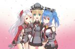  3girls anchor_necklace artist_request bilan_hangxian blonde_hair blue_eyes blue_hair breasts finger_to_mouth gloves gradient gradient_background hair_ornament hat iron_cross kantai_collection looking_at_viewer military military_uniform multiple_girls namesake open_mouth peaked_cap petals prinz_eugen_(bilan_hangxian) prinz_eugen_(kantai_collection) prinz_eugen_(zhan_jian_shao_nyu) red_eyes sideboob silver_hair trait_connection twintails uniform zhan_jian_shao_nyu 
