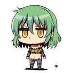  :/ aoi_manabu bangs chibi closed_mouth commentary crop_top denim earrings expressionless full_body green_hair hair_between_eyes hikage_(senran_kagura) jewelry jitome looking_at_viewer navel pants riyo_(lyomsnpmp)_(style) senran_kagura senran_kagura_shoujo-tachi_no_shin'ei solo standing stomach torn_clothes torn_pants yellow_eyes 