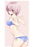  absurdres ass bare_arms bare_shoulders blue_bra blue_panties blush bra contrapposto cowboy_shot fate/grand_order fate_(series) floral_print from_side glasses hair_over_one_eye highres kengorou_saemon_ii_sei leaning_forward looking_at_viewer looking_back mash_kyrielight midriff navel outside_border panties pink_hair purple_eyes red-framed_eyewear short_hair side-tie_panties solo standing strap_gap thighs transparent_background underwear underwear_only 