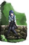  alternate_costume blue_hair blush damagefloor falchion_(fire_emblem) fire_emblem fire_emblem:_kakusei forest highres long_hair looking_away lucina nature outdoors pantyhose shirt skirt smile solo sword tiara weapon 