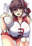  bangs bespectacled breasts breath brown-framed_eyewear brown_eyes brown_hair cleavage cowboy_shot elbow_pads girls_und_panzer glasses headband holding kondou_taeko large_breasts leaning_forward looking_at_viewer open_mouth red_headband red_shirt red_shorts shinshin shirt short_hair short_shorts shorts sketch sleeveless sleeveless_shirt smile solo sportswear standing sweat twitter_username volleyball volleyball_uniform 