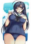  :d ahoge ass_visible_through_thighs bangs bespectacled black_eyes black_hair black_neckwear blouse blue_swimsuit breasts cowboy_shot girls_und_panzer glasses hand_on_own_chest isuzu_hana large_breasts long_hair looking_at_viewer neckerchief no_pants old_school_swimsuit one-piece_swimsuit ooarai_school_uniform open_mouth purple-framed_eyewear school_swimsuit school_uniform serafuku shinshin shirt_lift short_sleeves sketch smile solo standing swimsuit swimsuit_under_clothes thigh_gap twitter_username white_blouse 