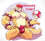  2017 5_fingers abstract_background anthro bowser bracelet bulge clothing collar english_text front_view hair hi_res jewelry kneeling looking_at_viewer male mario_bros mushroom nintendo nipples pubes red_hair sharp_teeth sleepymute solo spiked_bracelet spiked_collar spikes super_mushroom teeth text thong video_games 
