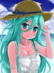  alternate_costume bad_id bad_pixiv_id blue_sky blurry breasts casual cleavage close-up cloud cloudy_sky contemporary day depth_of_field dress green_eyes green_hair hair_between_eyes hair_ornament hairclip hat horizon jewelry kantai_collection long_hair looking_at_viewer medium_breasts miyako_(miyako_lplover) ocean ring sky smile solo spaghetti_strap straw_hat sun_hat upper_body wedding_band white_dress yamakaze_(kantai_collection) 