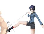  10s 1boy 1girl angry_face bdsm black_boots black_hair black_ribbon black_shorts black_skirt blue_jacket boots censor_bar censored clothed_female_nude_male crotch_kick femdom groin_kick hair_over_one_eye hetero jacket kicking kirishima_touka miniskirt pain penis pleated_skirt short_hair shorts skirt tamakeri testicles tokyo_ghoul torture 