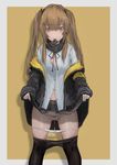  absurdres aegisfate ass_visible_through_thighs belt bow bow_panties brown_hair coat condom condom_in_mouth condom_wrapper girls_frontline heart heart-shaped_pupils highres long_hair mouth_hold navel panties panty_pull pantyhose pantyhose_pull pussy pussy_juice red_eyes scarf skirt skirt_lift solo symbol-shaped_pupils twintails ump9_(girls_frontline) underwear white_panties 