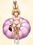  animal_ears bikini_bottom blonde_hair blush bow bowtie breasts breasts_apart brown_eyes closed_mouth collarbone covered_nipples cushion detached_collar elbow_gloves extra_ears eyebrows_visible_through_hair full_body gloves groin hair_between_eyes highres himadarou kemono_friends looking_at_viewer medium_breasts navel nipples serval_(kemono_friends) serval_ears serval_print serval_tail simple_background sitting smile solo striped_tail swimsuit tail thighhighs topless yellow_background 