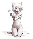  :3 animal_ears bangs breasts cat_ears cat_tail closed_mouth covering covering_breasts crossed_arms deel_(rkeg) earrings full_body greyscale heart highres jewelry kneeling looking_at_viewer monochrome navel original short_hair simple_background small_breasts smile solo spoken_heart swept_bangs tail white_background 