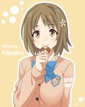 bangs blush breasts brown_eyes brown_hair character_name chocolate commentary_request dot_nose eating eyebrows_visible_through_hair flower food hair_flower hair_ornament holding holding_chocolate holding_food idolmaster idolmaster_cinderella_girls large_breasts looking_at_viewer mimura_kanako ra-pen short_hair smile uniform upper_body yellow_background 