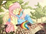  blue_feathers blue_fur cutie_mark day detailed_background duo equine eyes_closed feathered_wings feathers female feral fluttershy_(mlp) friendship_is_magic fur hair mammal mrardilla my_little_pony outside pegasus pink_hair rainbow_dash_(mlp) sky smile wings yellow_feathers yellow_fur 