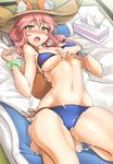  animal_ears bangs bare_legs barefoot bed_sheet bikini blue_bikini blush breasts covered_nipples ears_through_headwear eyebrows_visible_through_hair fang fate/grand_order fate_(series) fox_ears fox_tail hair_between_eyes hat heavy_breathing long_hair looking_at_viewer lying medium_breasts momio navel nose_blush on_back open_mouth pillow pink_hair scrunchie side-tie_bikini solo stomach straw_hat suggestive_fluid sun_hat swimsuit tail tamamo_(fate)_(all) tamamo_no_mae_(fate) tamamo_no_mae_(swimsuit_lancer)_(fate) tatami tissue tissue_box wrist_scrunchie yellow_eyes 