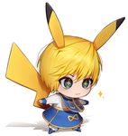  1boy blonde_hair chibi cosplay full_body gen_1_pokemon green_eyes hunter_x_hunter kurapika male_focus namesake outstretched_arms pikachu pikachu_(cosplay) pokemon pun sogomha solo tail 