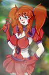  1girl big_breasts blush bow breasts circus_baby clown five_nights_at_freddy&#039;s five_nights_at_freddy&#039;s:_sister_location gloves green_eyes hand_on_hip holding_microphone long_hair looking_at_viewer microphone open_mouth orange_hair propeller robot skirt smile twintails waist white_skin 