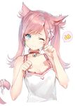  :3 animal_ears bangs bell bell_collar blue_eyes breasts camisole cleavage closed_mouth collar eyebrows_visible_through_hair final_fantasy final_fantasy_xiv frill_trim head_tilt jingle_bell miqo'te momoko_(momopoco) paw_pose pink_hair ribbon simple_background slit_pupils small_breasts solo speech_bubble swept_bangs tail tail_ribbon twintails upper_body white_background 