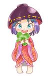  :d barefoot blue_eyes bogyaku_no_m bowl bowl_hat chibi clover commentary_request eyebrows_visible_through_hair four-leaf_clover full_body hands_up hat holding holding_clover japanese_clothes kimono long_sleeves looking_at_viewer obi object_on_head open_mouth purple_hair sash short_hair simple_background smile solo sukuna_shinmyoumaru touhou white_background wide_sleeves 