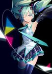  absurdres aqua_eyes armpits black_background blush detached_sleeves hair_ribbon hatsune_miku highres long_hair one_eye_closed ribbon skindentation skirt smile solo thighhighs thighs twintails vocaloid wide_sleeves yyb zettai_ryouiki 