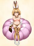  animal_ears bikini_bottom blonde_hair blush bow bowtie breasts breasts_apart brown_eyes closed_mouth collarbone covered_nipples cushion detached_collar elbow_gloves extra_ears eyebrows_visible_through_hair full_body gloves groin hair_between_eyes highres himadarou kemono_friends looking_at_viewer medium_breasts navel nipples serval_(kemono_friends) serval_ears serval_print serval_tail simple_background sitting smile solo striped_tail swimsuit tail thighhighs topless yellow_background 