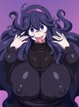  :d :p @_@ ahoge breasts commentary_request covered_nipples eyebrows_visible_through_hair freckles hairband hex_maniac_(pokemon) highres huge_breasts impossible_clothes impossible_sweater long_hair looking_at_viewer muimui nail_polish open_mouth pokemon pokemon_(game) pokemon_xy purple_background purple_eyes purple_hair purple_hairband purple_nails ribbed_sweater shiny shiny_hair simple_background smile solo sweater teeth tongue tongue_out upper_body very_long_hair 