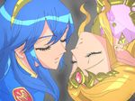  2girls :o blonde_hair blue_hair couple earrings eyebrows_visible_through_hair eyes_closed female fire_emblem fire_emblem:_kakusei forehead_jewel grey_background hair_between_eyes hairband highres incipient_kiss jewelry long_hair lucina multiple_girls mutual_yuri nintendo open_mouth parody pointy_ears princess_zelda shoujo_kakumei_utena sidelocks simple_background style_parody super_smash_bros. the_legend_of_zelda the_legend_of_zelda:_ocarina_of_time tiara upside-down yellow_hairband yuri 