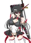  artist_name bare_shoulders beret black_hair black_skirt breasts cleavage cyborg hat highres holding holding_weapon kagaku_touki_silver_raina large_breasts long_hair mechanical_arm mechanical_arms original pleated_skirt red_eyes skirt sleeveless solo tokihama_jirou very_long_hair weapon white_background 