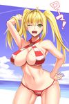  ;d alternate_hairstyle armpits bikini breasts criss-cross_halter earrings fate/grand_order fate_(series) green_eyes halterneck hand_on_hip highres jewelry large_breasts long_hair navel nero_claudius_(fate)_(all) nero_claudius_(swimsuit_caster)_(fate) one_eye_closed open_mouth red_bikini shuugetsu_karasu smile solo swimsuit thighs translated twintails underboob 