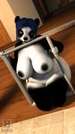  2017 3d_(artwork) anthro bear big_breasts black_fur black_lips black_nipples black_nose blue_hair blx24 breasts digital_media_(artwork) female fur hair hi_res inside kneeling lips mammal navel nipples nude panda purple_eyes short_hair slightly_chubby solo thick_thighs white_fur 