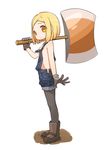  :&lt; axe blonde_hair boots fate/grand_order fate_(series) flat_chest full_body gloves highres kei_(soundcross) naked_overalls overalls oversized_object pantyhose paul_bunyan_(fate/grand_order) short_hair solo strap_slip weapon white_background yellow_eyes 