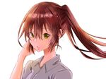  arm_at_side bangs brown_hair collared_shirt eyebrows_visible_through_hair eyelashes green_eyes grey_shirt hair_between_eyes hair_intakes hair_tousle hand_in_hair hand_to_head hand_up lips long_hair looking_up mikan_(pixiv23066428) original parted_lips ponytail shirt short_sleeves sidelocks simple_background solo standing teeth upper_body white_background wing_collar 