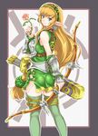  ass bangs blonde_hair blush bow_(weapon) breastplate breasts closed_mouth commentary_request cowboy_shot culdcept dress earrings elf faulds flower from_behind graphite_(medium) green_dress green_eyes hairband holding holding_bow_(weapon) holding_weapon jewelry kigi long_hair looking_at_viewer looking_back low-tied_long_hair medium_breasts pointy_ears quiver short_dress sleeveless sleeveless_dress smile solo thighhighs toshi traditional_media vambraces very_long_hair weapon 