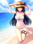  ass_visible_through_thighs beach bikini bikini_under_clothes black_hair breasts cleavage collarbone day fingernails frilled_bikini_bottom frills front-tie_top hair_ornament hairclip hands_on_head haruna_(kantai_collection) hat highres jewelry kantai_collection large_breasts long_hair looking_at_viewer navel ocean orange_eyes ring shadow smile solo straw_hat sun_hat swimsuit thigh_gap thigh_strap tsukui_kachou upper_body walking wedding_band white_bikini wristband 