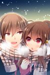  1girl bell breath brother_and_sister brown_hair chestnut_mouth hano_haruka jingle_bell little_busters! long_hair natsume_kyousuke natsume_rin open_mouth ponytail red_eyes scarf school_uniform shared_scarf siblings snow upper_body 