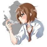  androgynous bangs blush brown_eyes brown_hair cigarette collared_shirt ebifurya eyebrows_visible_through_hair hair_between_eyes highres holding holding_cigarette kantai_collection looking_to_the_side multicolored multicolored_background necktie parted_lips profile red_neckwear shirt short_hair sleeves_rolled_up smoke smoking solo two-tone_background upper_body wakaba_(kantai_collection) white_shirt 