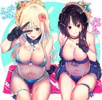  ;p atago_(kantai_collection) bangs belly bikini bikini_skirt black_gloves black_hair blonde_hair blue_bikini blue_eyes breasts cafe_au_lait_(kafeore) choker cleavage collarbone eyebrows_visible_through_hair flower frilled_bikini frills fur_collar gloves grin hair_flower hair_ornament hat hat_flower hat_ornament kantai_collection large_breasts long_hair looking_at_viewer multiple_girls navel one_eye_closed open_mouth outside_border parted_lips plump red_eyes shiny shiny_hair short_hair sitting skindentation smile straw_hat string_bikini striped striped_bikini sweat swimsuit takao_(kantai_collection) tan tanline thigh_gap thigh_strap tongue tongue_out towel v v_over_eye 