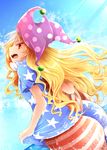 american_flag_dress american_flag_legwear arano_oki ass blonde_hair clownpiece commentary_request day dress hat jester_cap long_hair neck_ruff no_wings open_mouth outdoors pantyhose polka_dot red_eyes short_dress short_sleeves solo star star_print striped touhou water wavy_hair wet wet_clothes 