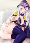  1girl ashe_(league_of_legends) ass bed blue_eyes blush breasts cleavage female heart-shaped_pupils highres large_breasts league_of_legends looking_at_viewer lying open_mouth panties solo thick_thighs thighs tongue white_hair 