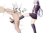  10s 1boy 1girl bdsm black_boots black_gloves black_jacket black_ribbon black_skirt boots censor_bar censored clothed_female_nude_male crotch_kick cum danganronpa danganronpa_1 ejaculation femdom groin_kick hair_ornaments hair_ribbon hetero high_heel_boots jacket kicking kirigiri_kyouko long_hair miniskirt necktie open_clothes open_jacket pain penis pleated_skirt purple_hair ribbon school_uniform skirt tamakeri testicles torture uniform violet_eyes white_shirt 