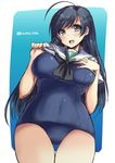  :d ahoge ass_visible_through_thighs bangs black_eyes black_hair black_neckwear blouse blue_swimsuit breasts cowboy_shot girls_und_panzer hand_on_own_chest isuzu_hana large_breasts long_hair looking_at_viewer neckerchief no_pants old_school_swimsuit one-piece_swimsuit ooarai_school_uniform open_mouth school_swimsuit school_uniform serafuku shinshin shirt_lift short_sleeves sketch smile solo standing swimsuit swimsuit_under_clothes thigh_gap twitter_username white_blouse 