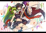  1girl animal_ears ass bad_id bad_pixiv_id black_gloves black_hair black_hairband black_pants black_skirt bow breasts c.c. cat_ears cat_tail choker code_geass collarbone crop_top eyebrows_visible_through_hair fake_animal_ears fingerless_gloves gloves green_hair guitar hair_between_eyes hairband high_ponytail holding holding_instrument holding_microphone instrument layered_skirt lelouch_lamperouge long_hair medium_breasts microphone miniskirt navel open_mouth pants purple_eyes red_bow red_ribbon ribbon shida_(xwheel) short_hair skirt sleeveless sparkle striped striped_background tail tail_bow thigh_ribbon very_long_hair yellow_eyes 