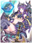  animal_ears armor axe bangs bikini_armor black_legwear blue_eyes blunt_bangs blush breasts commentary_request crossed_legs demon_girl demon_horns earrings hisho_collection holding holding_weapon horns jewelry large_breasts long_hair navel official_art parted_lips pauldrons purple_hair sidelocks sitting smile solo stomach thighhighs throne toshi underboob weapon 