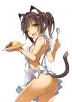  animal_ears apron ass black_hair breasts cat_ears cat_tail cowboy_shot food from_behind hair_ornament looking_at_viewer naked_apron one_eye_closed open_mouth original plate ponytail simple_background small_breasts smile solo spoon tail white_background x_hair_ornament yanagi_yuu yellow_eyes 