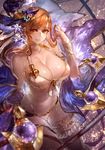  bare_shoulders bikini bracelet breasts brown_eyes brown_hair choker cleavage collarbone flower granblue_fantasy groin hair_flower hair_ornament hand_in_hair highres jewelry large_breasts no_navel open_mouth signo_aaa solo song_(granblue_fantasy) sparkle swimsuit thigh_strap 