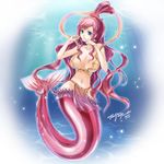  bare_arms bare_shoulders bikini_top blue_eyes blush breasts closed_mouth collarbone commentary_request full_body groin hair_rings large_breasts loincloth long_hair looking_at_viewer mermaid monster_girl navel one_piece pelvic_curtain pink_hair shell_earrings shirahoshi sidelocks solo stomach tenjou_tsuki underwater very_long_hair 