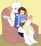  2017 anthro armchair blush book boss_monster caprine chair clothed clothing dezz duo eyewear glasses goat horn human intersex legwear long_ears male mammal penis penis_riding precum protagonist_(undertale) robe socks sweater toriel undertale video_games 