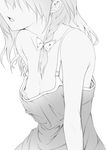  bare_arms bow braid breasts camisole collarbone greyscale hair_bow head_out_of_frame kirisame_marisa logo lowres monochrome nipple_slip nipples nirap open_mouth side_braid simple_background single_braid small_breasts solo strap_slip touhou upper_body white_background 