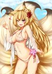  ;d animal_ears bikini blonde_hair blush breasts cleavage ear_down eyebrows eyebrows_visible_through_hair flower fox_ears fox_shadow_puppet fox_tail hair_flower hair_ornament heart highres kayou_(sennen_sensou_aigis) large_breasts long_hair looking_at_viewer minaha_(playjoe2005) mole mole_on_breast navel nipples one_eye_closed open_mouth purple_eyes see-through sennen_sensou_aigis short_eyebrows side-tie_bikini smile solo strap_gap suggestive_fluid swimsuit tail water wet white_bikini 