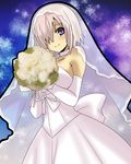  bare_shoulders bouquet breasts bridal_veil bride choker dress elbow_gloves fate/grand_order fate_(series) flower formal gloves hair_over_one_eye large_breasts looking_at_viewer mash_kyrielight matsudora124 purple_eyes purple_hair ribbon_choker short_hair solo strapless veil wedding_dress white_dress white_gloves 