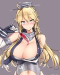  ahoge blonde_hair blue_eyes blush breasts glass grey_background highres iowa_(kantai_collection) kantai_collection large_breasts long_hair looking_at_viewer navel signature simple_background smile solo star star-shaped_pupils symbol-shaped_pupils tokorotn 