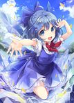  ahoge blue_bow blue_eyes blue_hair blue_skirt bow bowtie cirno cloud cloudy_sky day full_body hair_bow highres ice ice_wings kedama_milk looking_at_viewer open_mouth outdoors outstretched_arm pointy_ears puffy_short_sleeves puffy_sleeves red_bow red_neckwear short_hair short_sleeves skirt sky smile solo summer touhou vest water wings 